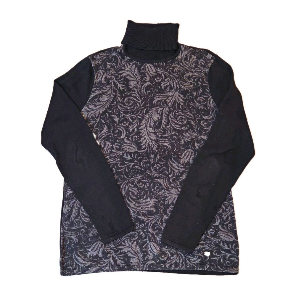 Lauren Ralph Lauren Floral Paisley Turtleneck Sweater XL Black Gray 100% Cotton